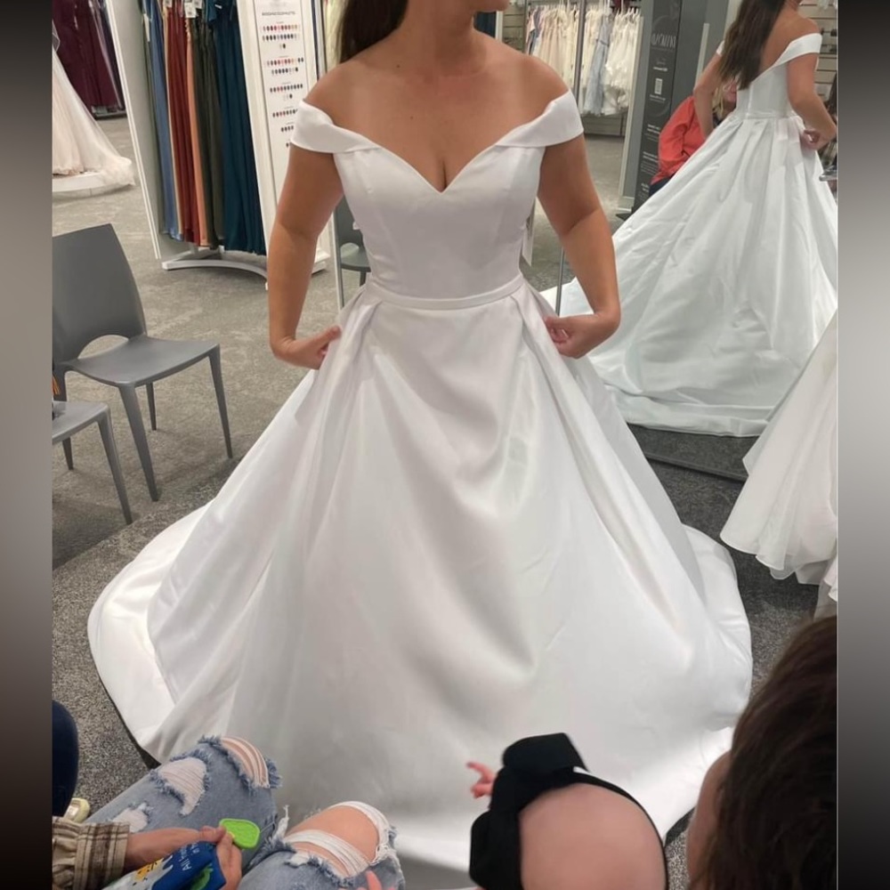 David's Bridal Collection: Off shoulder satin gown wedding dress